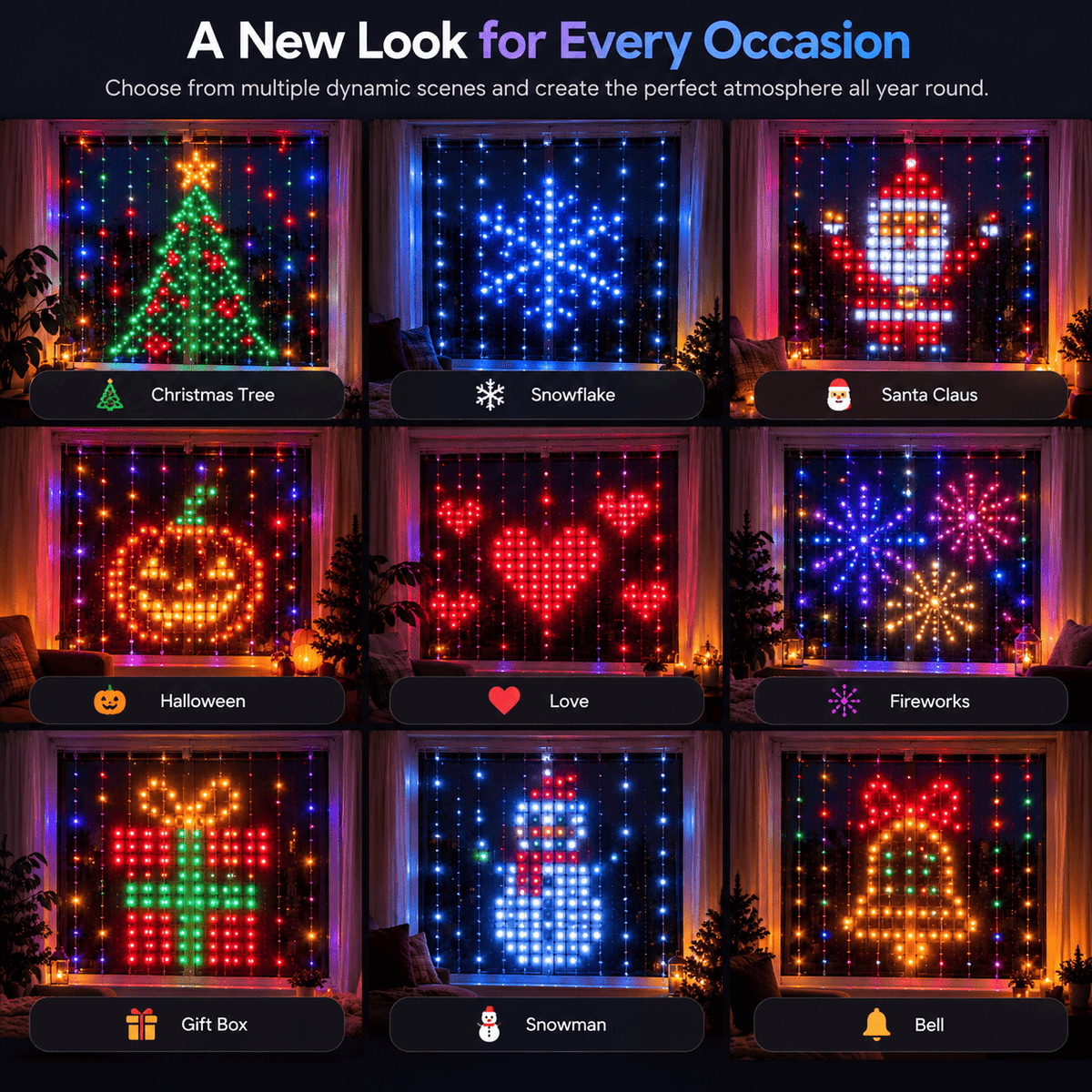 Smart Window Lights – 3×3 m Animated LED Curtain