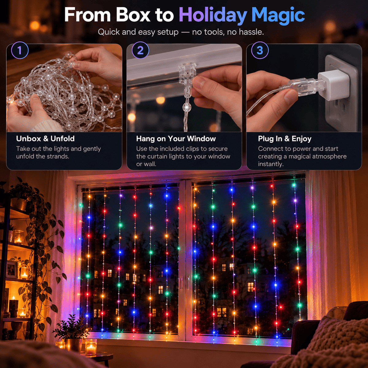 Smart Window Lights – 3×3 m Animated LED Curtain