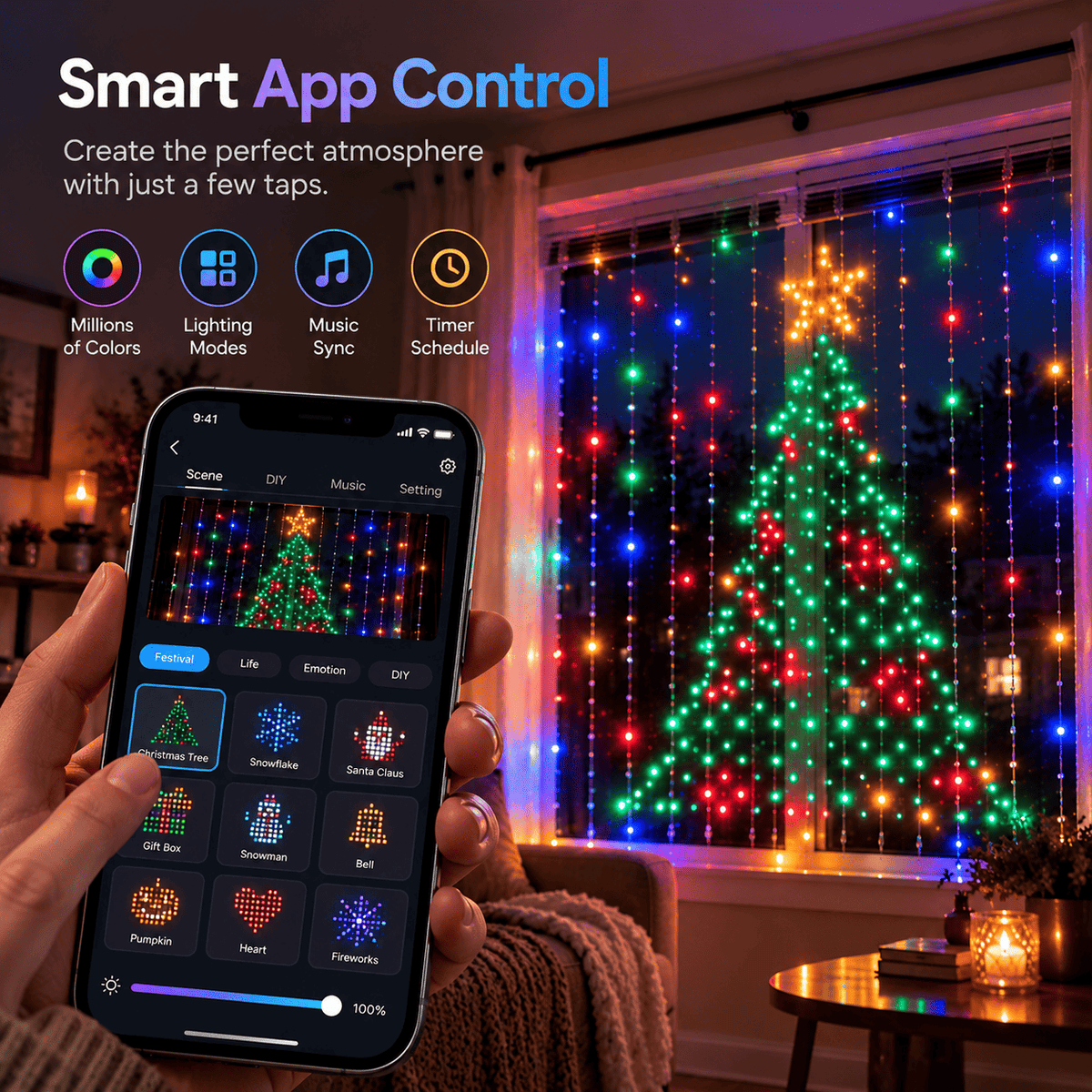 Smart Window Lights – 3×3 m Animated LED Curtain
