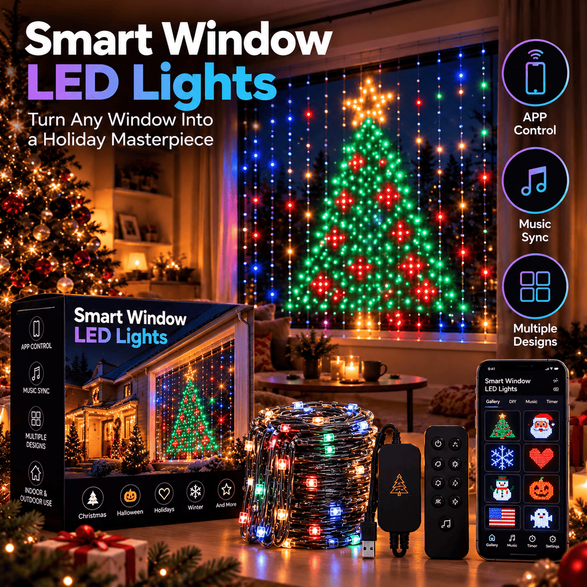 Smart Window Lights – 3×3 m Animated LED Curtain