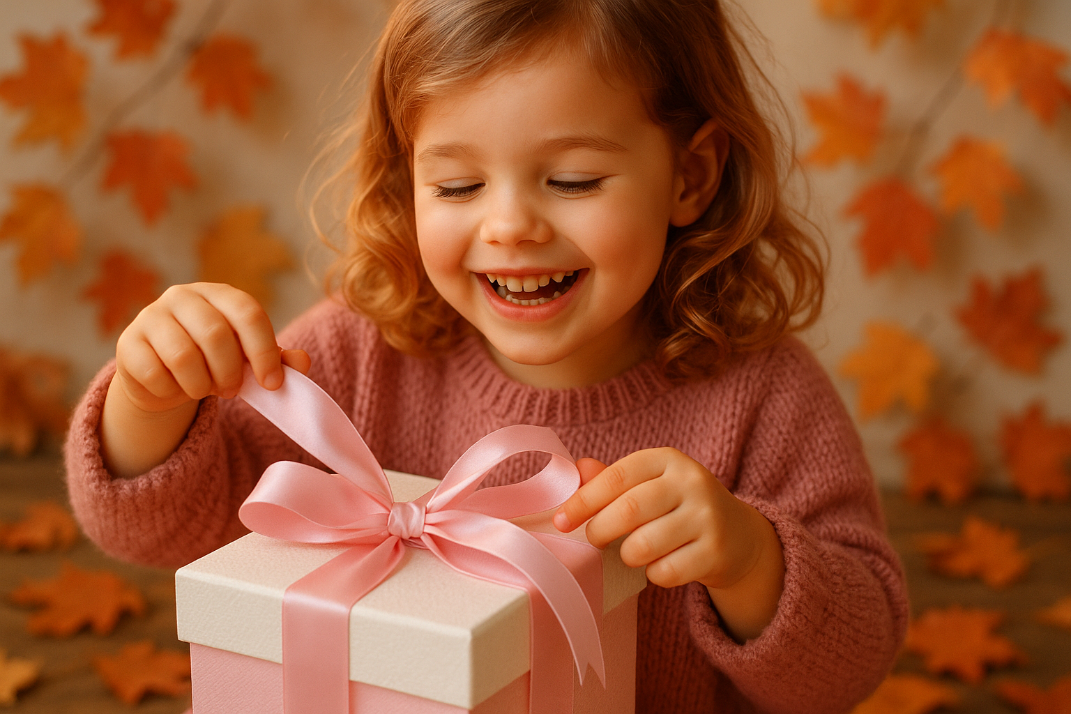 Generate image where a child is oppening a box with a present, coulurs shoud be pink and white, mathchi the website, should be smiling and happy, autung collection