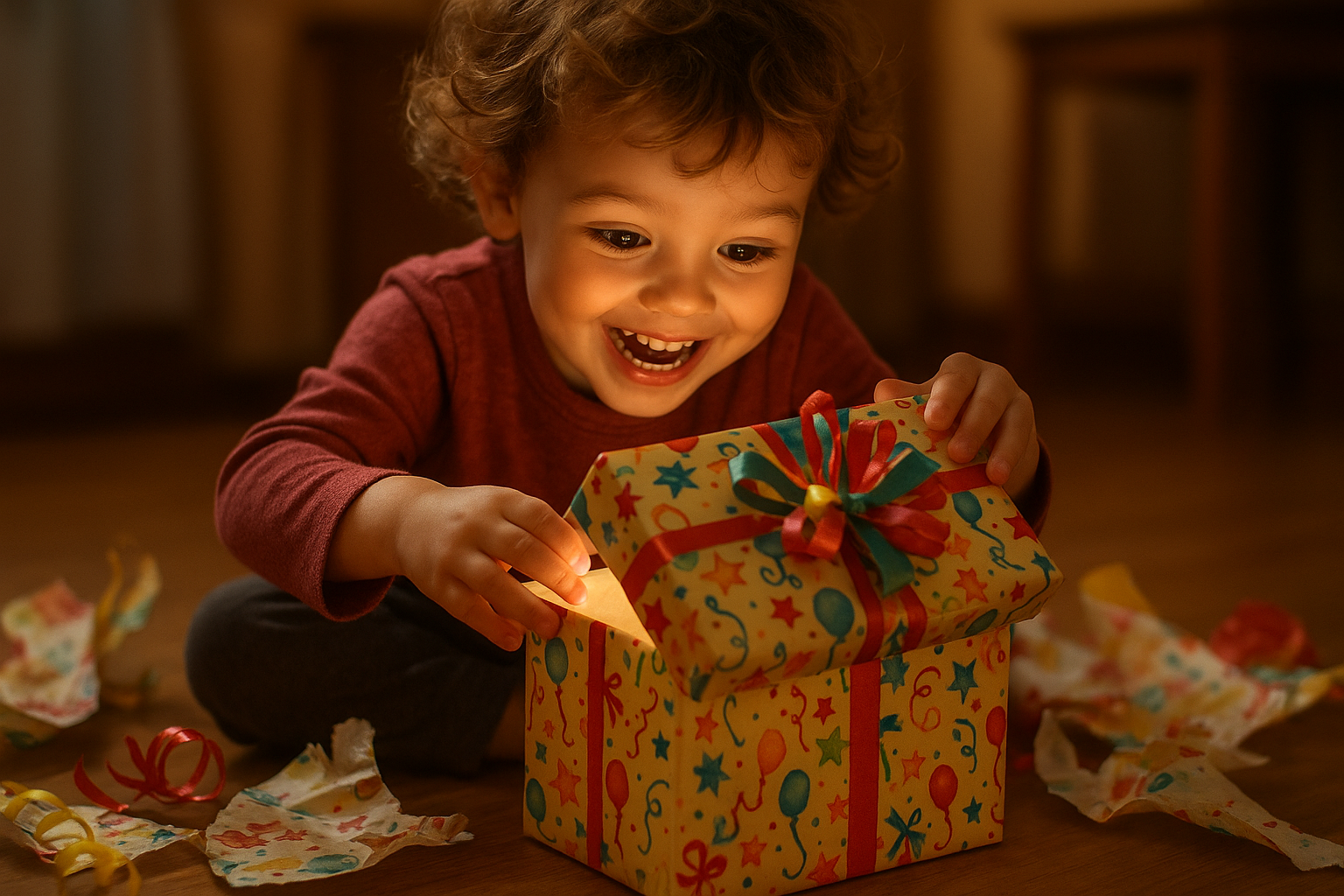 Generate present that the clild is oppening, and very happy